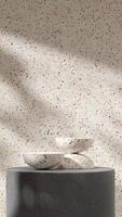 Full terrazzo and concrete texture 3d rendering mockup scene podium product placement in portrait photo