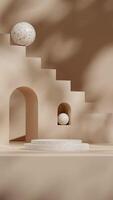 Terrazzo texture podium 3d render mockup template in portrait with brown arch stairs and sphere photo