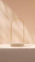 Geometrical shape podium terrazzo texture with gold arch backdrop 3d rendering mockup in portrait photo