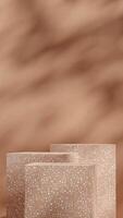 Brown terrazzo podium 3d rendering model mockup in portrait layout with gobo light background photo