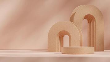 Orange color terrazzo texture 3d rendering mockup template of round podium in landscape with arch photo