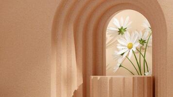 3d rendering mockup template brown color terrazzo texture podium in landscape with daisy and arch photo