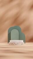 3d rendering mockup template white and terrazzo texture podium in portrait with green arch backdrop photo