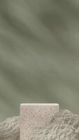 3d rendering mockup template of natural terrazzo texture podium in portrait with sage green rock photo