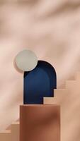 Mockup template of brown podium in portrait with blue arch and gray circle background 3d rendering photo