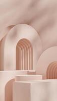 Light peach empty scene podium 3d rendering mockup template in portrait with arch background photo