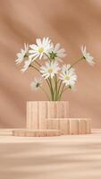 Brown terrazzo texture podium in portrait with white daisy and brown wall 3d rendering mockup scene photo