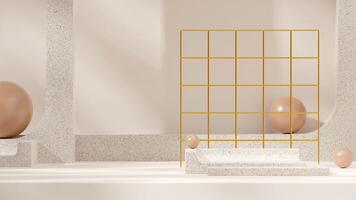 terrazzo texture podium in landscape with gold grid and brown sphere 3d rendering template mockup photo