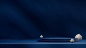 Dark blue scene minimal podium with green sphere 3d rendering mockup in landscape layout photo