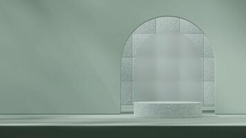 3d rendering mockup template empty scene green terrazzo texture podium in landscape with glass photo