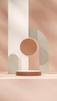 3D rendering mockup scene of white and brown podium in portrait with gray white geometrical shape photo