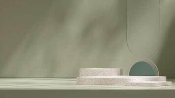 3d rendering template mockup of terrazzo texture podium in landscape with falling glass green wall photo