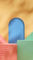 Blue arch yellow wall 3d rendering template mockup of pink and green empty space stairs in portrait photo