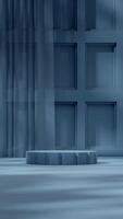 Scene mockup blue color podium in portrait with monochrome blue curtain and wall 3d rendering photo