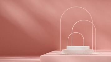 Bright pink empty scene of white and terrazzo podium in landscape with arch backdrop and gobo light photo