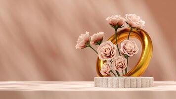 3d rendering mockup template of terrazzo texture podium in landscape with pink rose and gold ring photo