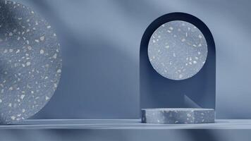 Blue color empty 3d rendering scene mockup of podium product in landscape with arch and terrazzo photo