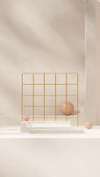 terrazzo texture podium in portrait with gold grid and brown sphere 3d rendering template mockup photo