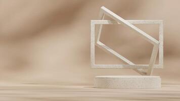 3d rendering mockup template of natural ceramic texture podium in landscape with floating frame photo