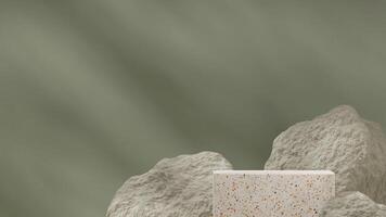 3d rendering mockup template of natural terrazzo texture podium in landscape with sage green rock photo