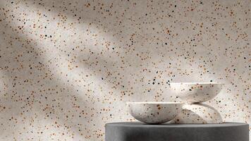 Full terrazzo and concrete texture 3d rendering mockup scene podium product placement in landscape photo