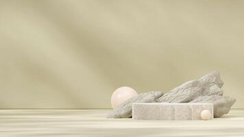 Mockup scene of terrazzo texture podium in landscape with green rock and brown ball 3d rendering photo