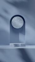 Blue color empty 3d rendering scene mockup of podium product in portrait with arch and terrazzo photo