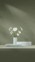 Green terrazzo texture podium in portrait with white daisy in pot 3d rendering space mockup scene photo