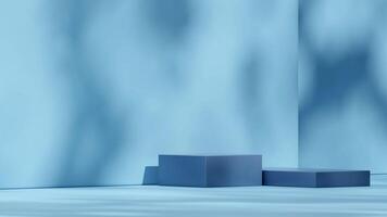 Minimal sky blue wall 3d rendering mockup space of dark blue color block podium in landscape photo