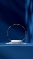 Blue terrazzo texture and white podium 3d rendering mockup in portrait with gold ring background photo