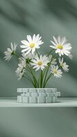 Portrait layout 3d rendering mockup image of green terrazzo podium with daisy flower background photo