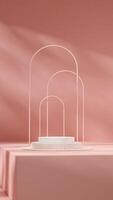 Bright pink empty scene of white and terrazzo podium in portrait with arch backdrop and gobo light photo