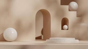Terrazzo texture podium 3d render mockup template in landscape with brown arch stairs and sphere photo