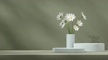 Green terrazzo texture podium in landscape with white daisy in pot 3d rendering space mockup scene photo