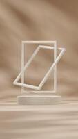 3d rendering mockup template of natural ceramic texture podium in portrait with floating frame photo