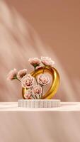 3d rendering mockup template of terrazzo texture podium in portrait with pink rose and gold ring photo