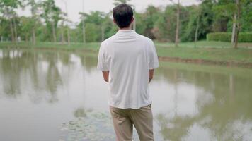 A young man stood with his hands behind his back on the grass by a pond and looked up at the sky. Gives a feeling of relaxation Find inspiration and peace, relax in nature video