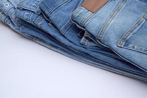 Lots of jeans pants in a stack. Denim background. photo