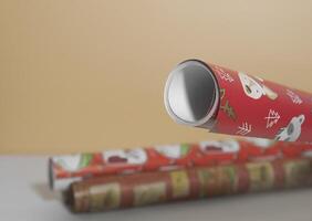 Colored paper for wrapping gifts. close-up, on a khaki background. Copy space photo