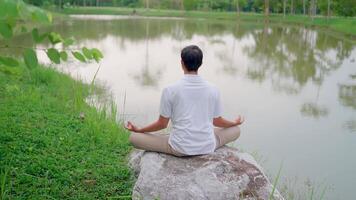 Power from within you serenity of meditation A young man is meditating on a large rock by the water in nature. He sat cross-legged video