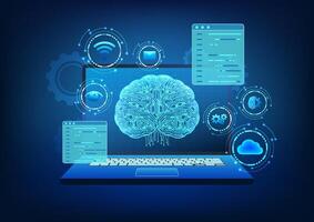 Artificial intelligence technology Brain circuitry in a computer with accompanying data projection Shows the work system that helps control the processing of computer systems to respond vector