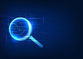 Technology, searching for information, magnifying glass looking at technology circuits Shows searching for information through a high-speed internet network, displaying cyber information. vector