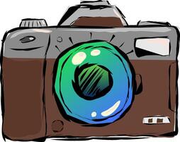 Old retno photo camera is brown with an aluminum finial. illustration camera full-face view with large colored glass of blue-green color. The drawing is made in the sketch style of strokes. vector