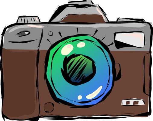 Old retno photo camera is brown with an aluminum finial. illustration camera full-face view with large colored glass of blue-green color. The drawing is made in the sketch style of strokes.