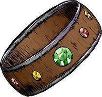An old wooden ring with a metal rim and several faceted gemstones in green red and yellow. illustration drawing of an ancient ring in sketch style with torn edges of the black outline drawn by vector