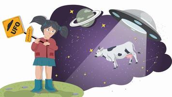 A little girl in a red jacket holds a warning sign against the background of a UFO that kidnaps a cow flat illustration vector