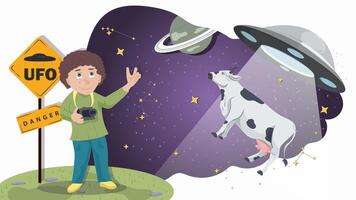 A little boy with a camera stands next to a warning sign against the background of a UFO that kidnaps a cow flat illustration vector