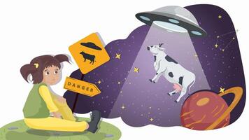 A little girl in yellow pants sits next to a warning sign on the background of a UFO that kidnaps a cow flat illustration vector