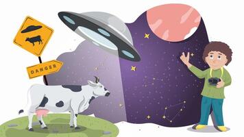 a UFO that kidnaps a cow in a meadow is watched by a little boy with a camera flat illustration vector