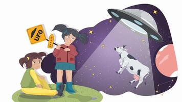 Two little girls next to a warning sign on the background of a UFO that kidnaps a cow flat illustration vector